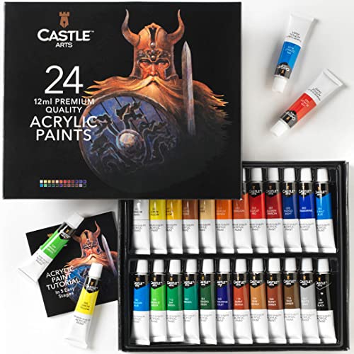 Castle Art Supplies Caja 24 Pinturas Acrílicas 12 ml | Caja Básica para Principiantes o Artistas | Colores Intensos | Facilidad de Uso en Diversas Superficies | Ordenada Caja de Presentación