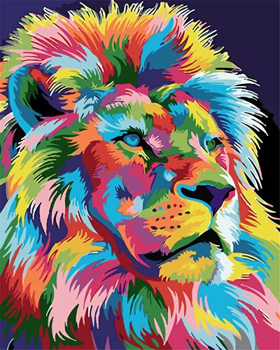 YEESAM ART Artículo de arte de león colorido, para pintar por números, para adultos, 16 x 20 pulgadas, pintura al óleo, pintura al óleo, arte de pared (base, con marco)