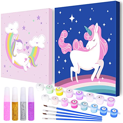 Ulikey Unicornio Pintar por Números Niños, 2pcs Pintar por Numeros Niños Unicornios, DIY Kit Manualidades Unicornio Regalo para Niños Niñas 5 6 7 8 9 10 11 12 Años para Pintar con Numeros Unicornio