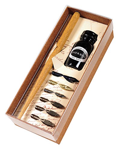 Brause 195B - Un coffret de calligraphie contenant 6 plumes (Sténo, Cito fein, Pfannen et Bandzug 1mm, 2mm, 3mm), un porte-plume en bois et un flacon d'encre noire herbin 15 ml