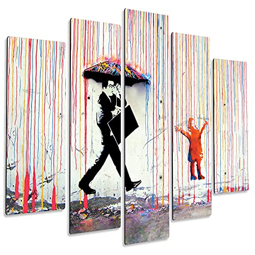 Giallobus - 5 Panel múltiple Art Board - Banksy - Lluvia de Colores - Madera de MDF - 140x100