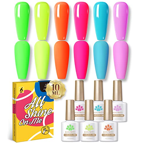 BORN PRETTY Esmalte semipermanente neon color fluorescente 6 colores 10ml, Esmalte de uñas de gel Amarillo Verde Azul Conjunto de LED UV Soak Off Gel