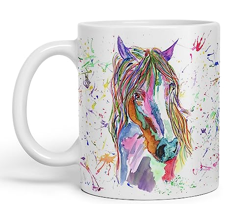 Vixar Taza de colores con diseño de caballo de acuarela y arco iris, regalo de cumpleaños, trabajo, oficina, té y café de Navidad (blanco)
