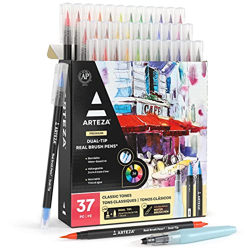 ARTEZA Bolígrafos de pincel real, 36 marcadores de acuarela de doble punta, tinta a base de agua fácil de mezclar, 1 bolígrafo de pincel de agua, suministros de arte para ilustrar y caligrafía