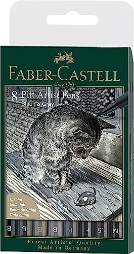 Faber-Castell 167171 Pitt Artist Pen - Bolígrafo (8 unidades, punta B, F, 1.5, FM, en estuche), color negro y gris