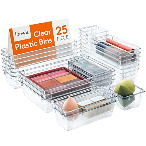 Lifewit Set de 25 Organizadores de Cajones de Plástico Transparente, Separadores de Cajones de Escritorio, Bandejas de Almacenaje, Cajas Separadoras para Maquillaje, Joyas, Dormitorio, Baño, Oficina