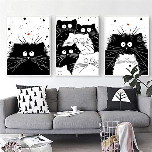 MMLFY 3 cuadros seguidos de 30 x 40 cm, 3 piezas, diseño de gato kawaii blanco y negro