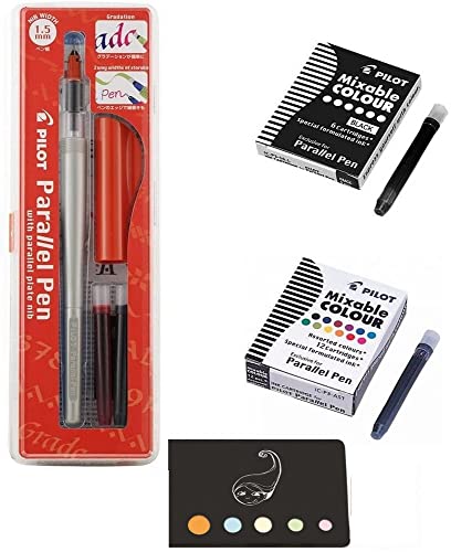 Blumie - Bolígrafo Pilot Parallel Pen de 1,5 mm + 1 caja de 12 cartuchos de tinta de colores variados + 1 caja de 6 cartuchos negros + 1 regla marcapáginas de madera