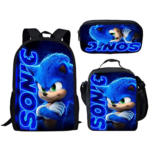 ZMOO Sonic The Hedgehog Mochila con estuche para lápices, mochila escolar, bolsas de viaje, bolsa de libro escolar de hombro de dibujos animados, mochila para estudiantes, juego de 3 piezas