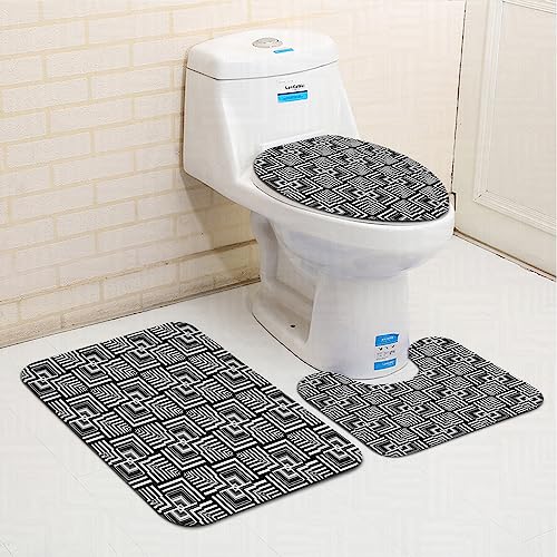 Alfombras de baño, 3 Piezas, Patrón de Op Art geométrico en blanco y negro Efecto de ilusión óptica a c,Alfombrilla de baño Antideslizante, Alfombra de Contorno en Forma de U y Tapa de Inodoro Lavable