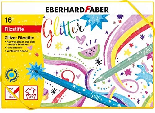 Eberhard Faber 551016 - Rotuladores con purpurina en 16 colores brillantes, grosor de la mina 3 mm, lavable, en caja de cartón duro, para dibujar, colorear, hacer manualidades y escribir