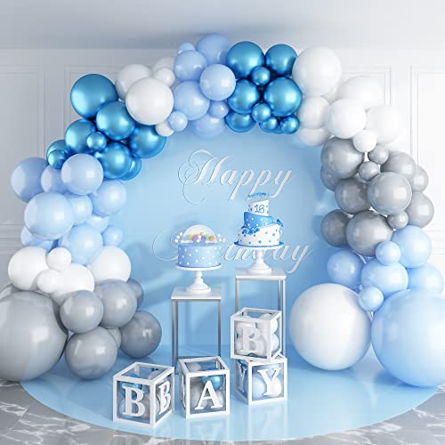Kit de arco de guirnalda de globos azul pastel gris blanco con globo azul metálico azul bebé crema blanco gris marfil macarón decoración de fiesta de cumpleaños para niños suministros para baby shower