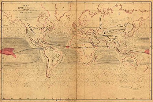 Imagen sobre lienzo enrollado Vientos del mundo en navegación Wilkes Capitán Charles - Mapas horizontales Arte impreso mapas Mapas del mundo Lienzo bellas artes 20_X_31_in