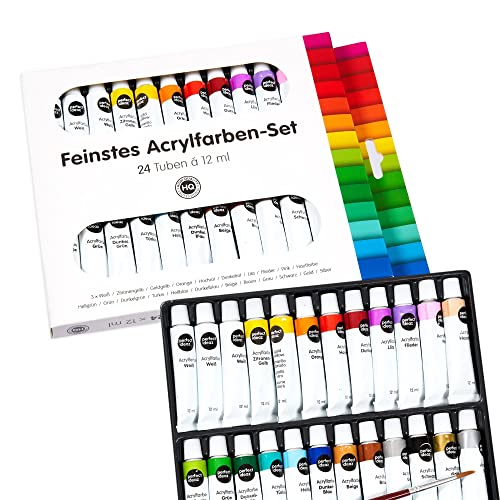 perfect ideaz set de pinturas acrílicas de colores con pincel, 24 tubos x 12 ml, 22 colores diferentes, alta proporción de pigmentos de colores, pintura acrílica de alta cobertura y de secado rápido