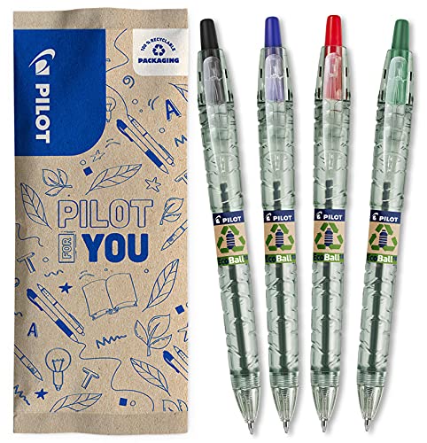 PILOT - Flowpack 4uds B2P ECOBALL 1mm - Bolígrafo Tinta base aceite - Medio - Negro, Azul, Rojo, Verde - Begreen -Fabricado a partir de plástico reciclado