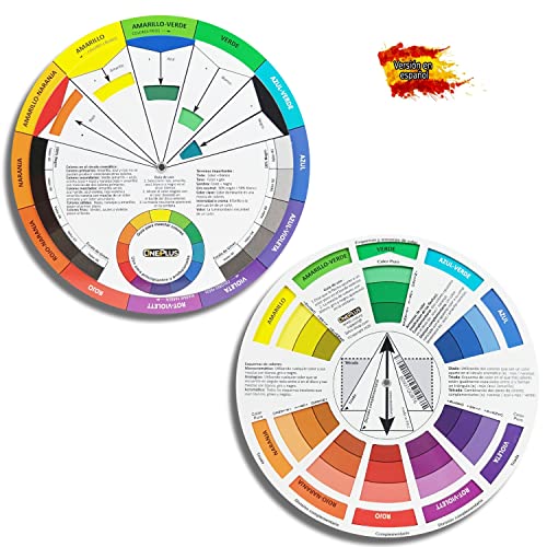 ONE+PLUS 2 Piezas, Rueda de Colores, Rueda de Mezcla de Colores, Color Wheel, Plato Giratorio de círculos de Colores español, Rueda de Colores de Bolsillo, para Pintura, diseño y Maquillaje (español)