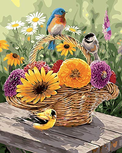 Pintar por números para niños adultos kit de pintura al óleo DIY Principiante - Canasta de flores y pájaro 316