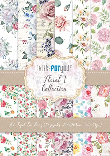 Papers For You Colección de 12 Papeles Arroz 30x21 cm 25-30 gr. (Floral I)