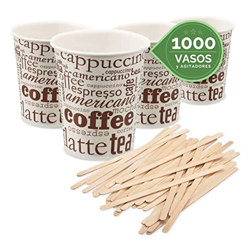 TELEVASO 1000 Vasos Desechables 200 ML Cafe Vasos Carton Desechables con 1000 agitadores Cafe, Vasos ecologicos Reutilizables Bebidas Calientes, te, Leche, Resistentes al Calor, Capacidad