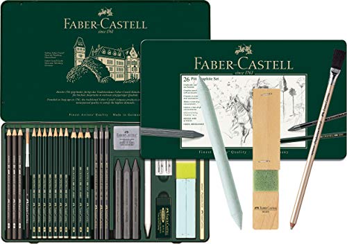 Faber-Castell - Juego Pitt Graphite en estuche de metal, tamaño grande, 26 + 3 unidades (incluye lápiz goma con pincel, difumino y afilador de minas)
