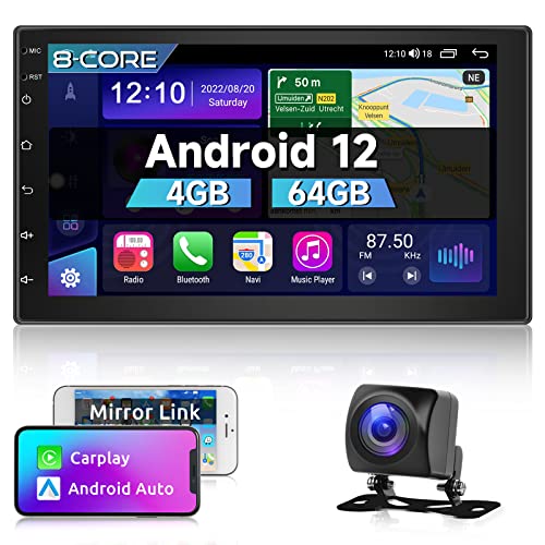 Android 12 Radio Coche 8 Núcleo 4GB+64GB 2 DIN Bluetooth 5.0 con Carplay, Android Auto Mirror Link, Estéreo Coche Pantalla Táctil IPS 7 Pulgadas con GPS Navi, DSP Radio Am/FM/RDS, WiFi 4G, USB 2 DIN