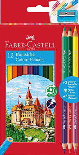Faber-Castell 110312 - Estuche con 12 lápices color hexagonales y 3 lápices bicolor redondos, colores surtidos