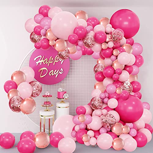Kit de arco de guirnalda de globos rosas, 154 globos de confeti de oro rosa rosa fuerte para niñas, mujeres, baby shower, despedida de soltera, decoración de fiesta del día de la madre