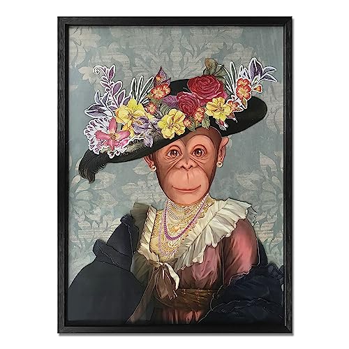 ADM 'Chimpancé vestido de dama antigua' - Cuadro con efecto 3D realizado con técnica de collage, enmarcado y protegido por un cristal frontal - Multicolor - H80 cm