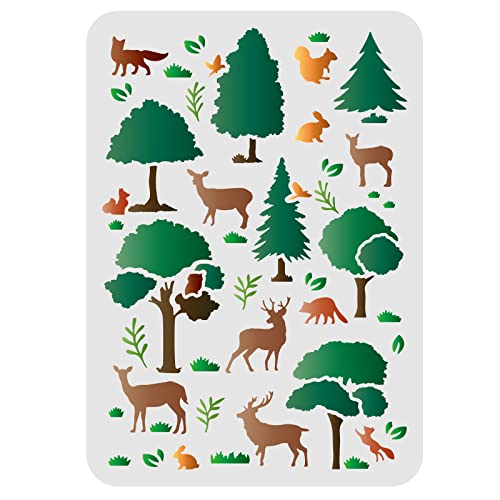 FINGERINSPIREPlantilla de Animales y árboles 29.7x21cm Reutilizable Plantilla de Animales del Bosque Plantilla de Dibujo de árbol Ciervo Ardilla Conejo Zorro Plantilla para Pintar en Pared, Piso