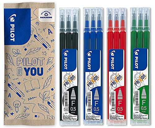 PILOT FriXion Ball - Lote de 4 juegos de 3 recambios - 0,5 mm - Recambios bolígrafo de tinta borrable - Azul, Negro, Verde, Rojo - Punta fina