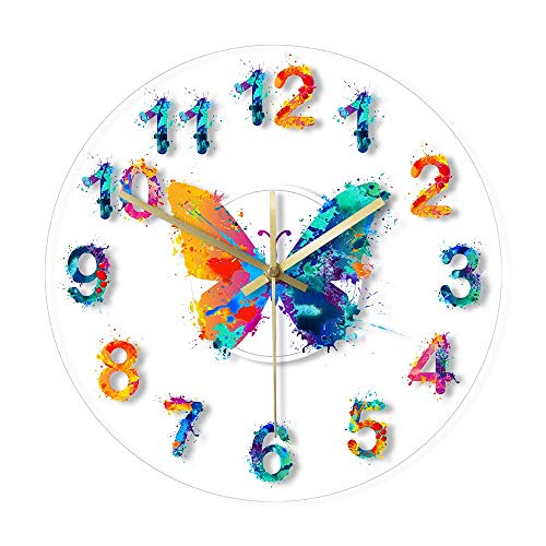 Números coloridos Reloj de pared moderno Acuarela Mariposa Pintura Arte Reloj colgante Giclee Impresión de bellas artes Reloj de pared silencioso Regalos del día de la madre Relojes de pared de arte