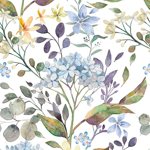 VEELIKE Papel Pintado Autoadhesivo Flores Blancas Papel Pintado Mural Hojas Acuarela Fotomurales Decorativos Pared Salon Papel Pared Dormitorio Papel Adhesivo para Muebles Impermeable 44.5cm×300cm