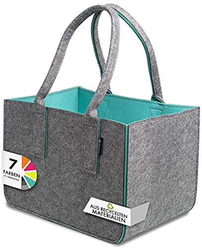 Shopping Bag Bolsa de tela de fieltro reciclado, gran bolsa de la compra, color gris oscuro y turquesa, asa larga, plegable, para leña de chimenea, bolsa de fieltro, cesta de fieltro