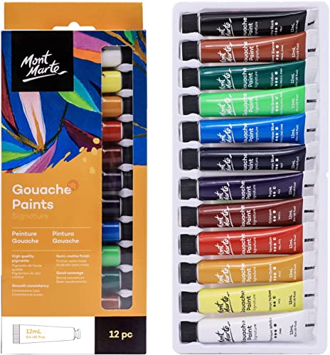 Mont Marte Gouache - 12 piezas, tubos de 12 ml - Ideal para pintar témpera - Colores brillantes y resistentes a la luz con gran opacidad - Ideal para Principiantes, Profesionales y Artistas