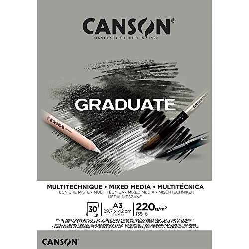 Canson Graduate, Papel Mixed Media, Doble cara: Granulada y lisa, 220g, Encolados por el lado corto, A3-29,7x42cm, Gris, 30 Hojas