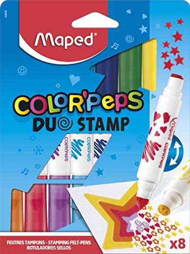 Maped - Rotuladores de Colores para Niños - Color's Peps Duo Stamp - 8 Rotuladores con Punta Gorda y Sello - Tinta Ultra Lavable - 8 Sellos con Motivos Diferentes - Ideal para Completar Dibujos