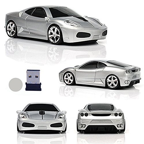 UrChoiceLtd® Ratón inalámbrico para coche, 2,4 GHz, 3D, 1600 dpi, diseño de coche de carreras, con USB, inalámbrico, con faro y luz trasera (plateado)