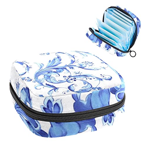 Bolsa de almacenamiento de servilletas sanitarias, bolsa de copa menstrual, bolsa de tampón, organizador de almohadillas de período para mujeres y niñas, patrón azul barroco
