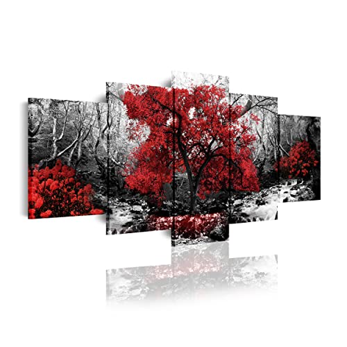 DekoArte 267 - Cuadros Modernos Impresión de Imagen Artística Digitalizada | Lienzo Decorativo Para Tu Salón o Dormitorio | Estilo Naturalez Blanco y Negro con Árboles Rojos | 5 Piezas 200x100cm XXL