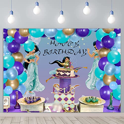 Princesa Jasmine Telón de fondo para fiesta de cumpleaños Tema de Aladdin Fondo de dibujos animados Turquesa Púrpura Banner Decoraciones para mesa de pastel Accesorios de estudio fotográfico 2,1x1,5m