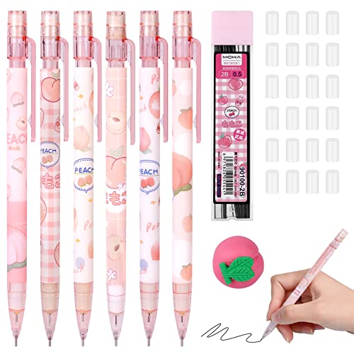 AUAUY 6 Piezas Automático Portaminas y Recarga de Lapiz de 0.5MM para Dibujo Escritura Bosquejo, No Es Fácil de Romper Juego de Portaminas para Dibujo Escritura Bosquejo(Rosa)