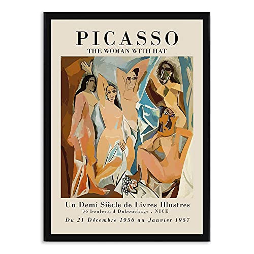 The Ladies Of Avignon Pared Arte Picasso ExposicióN Poster Famosos Cubismo Lienzo Pinturas Abstracto Obra De Arte Cuadro Moderno Impresiones Sala De Estar Decoracion /Negro A4 Con marco