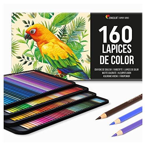 160 Lápices de Colores (Numerado) con Caja de Metal de Zenacolor - 160 Colores Únicos para Libro de Colorear - Fácil Acceso - Regalo Ideal para Artistas