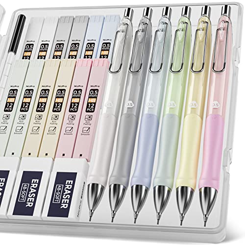 Nicpro Juego de 6 lápices mecánicos pastel de 0.5 mm, bonitos lápices mecánicos con agarre cómodo con 12 tubos de repuesto de plomo HB, 3 borradores, recambios de borrador para escribir, dibujar,