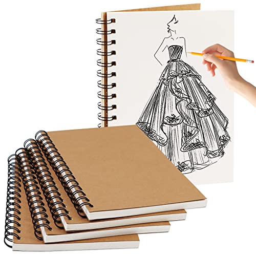 4 Piezas Bloc de Dibujo A5, 100GSM-50 Cuadernos de Bocetos A5 de Espiral Cubierta Kraft Sketchbook A5 en Blanco para Dibujo Escritura Libreta Diario