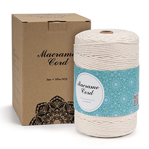 Hilo de Macramé Beige de 3 mm x 300 m, ALTOREN Hilo de Algodón de Macramé, Hilo para Macramé, Cordón Natural, Manualidades, Manualidades, Manualidades, Pared, Soporte de Plantas (Blanco)