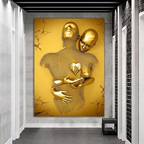 QCLUEU Arte de Pared para Dormitorio, Efecto 3D Metal Love Heart Wall Art Decor para Sala de Estar, Impresiones en Lienzo de Oro Abstracto, Pinturas de Carteles para Decoraciones de Pared Modernas