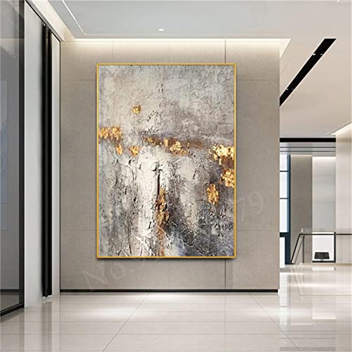 Impresiones abstractas contemporáneas de gran tamaño Pinturas al óleo de lámina dorada gris sobre lienzo para sala de estar Decoración del hogar enmarcada 80x100cm (31x39 pulgadas) con marco
