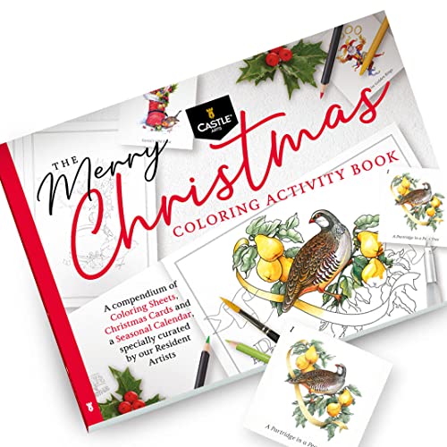 Castle Arts libro navideño para colorear | Conjunto de tarjetas, calendario y escenas para levantar el ánimo | Con guía de colores | Papel grueso de calidad artística | A4 apaisado para enmarcar