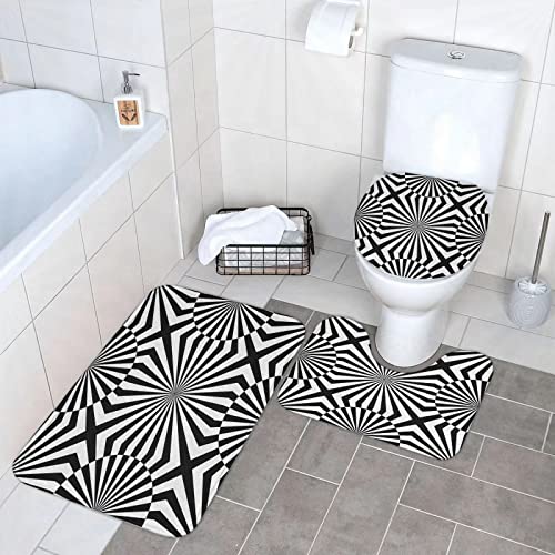 Juego de alfombras de baño, Ilusión óptica Op Art Patrón Monocromo Composición grá,3 Piezas, Alfombrilla de baño Absorbente Antideslizante, Alfombra de Contorno en Forma de U y Tapa de Inodoro Lavable